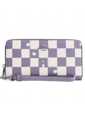 Coach Long Zip Around Wallet Checkerboard Print NEW Silver Light Violet Chalk
